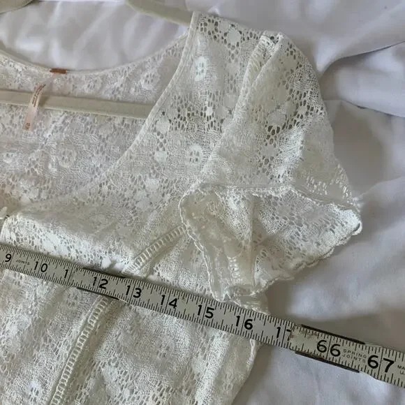 Free People White XS S Lace Cropped Button Short Sleeve Blouse Coquette - Picture 8 of 9